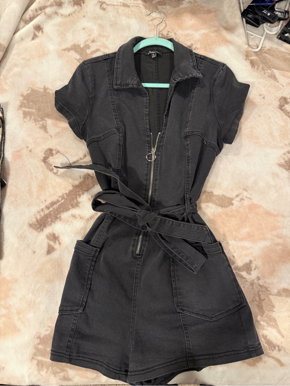 Short-Sleeve Black Zip Romper with Tie Belt